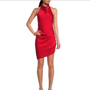 Women’s Ruched Satin Cowl Halter Neck Sleeveless Open Back Dress.